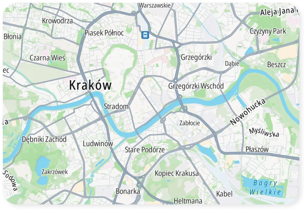Mapa Krakowa w serwisie Google z drogami i ulicami w jaskrawych kolorach